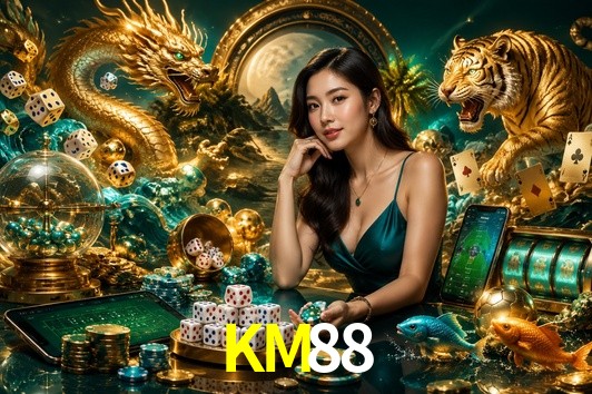 Una escena digital vívida inspirada en casino con KM88 mostrado prominentemente, luces brillantes, fichas, cartas y acentos dorados.