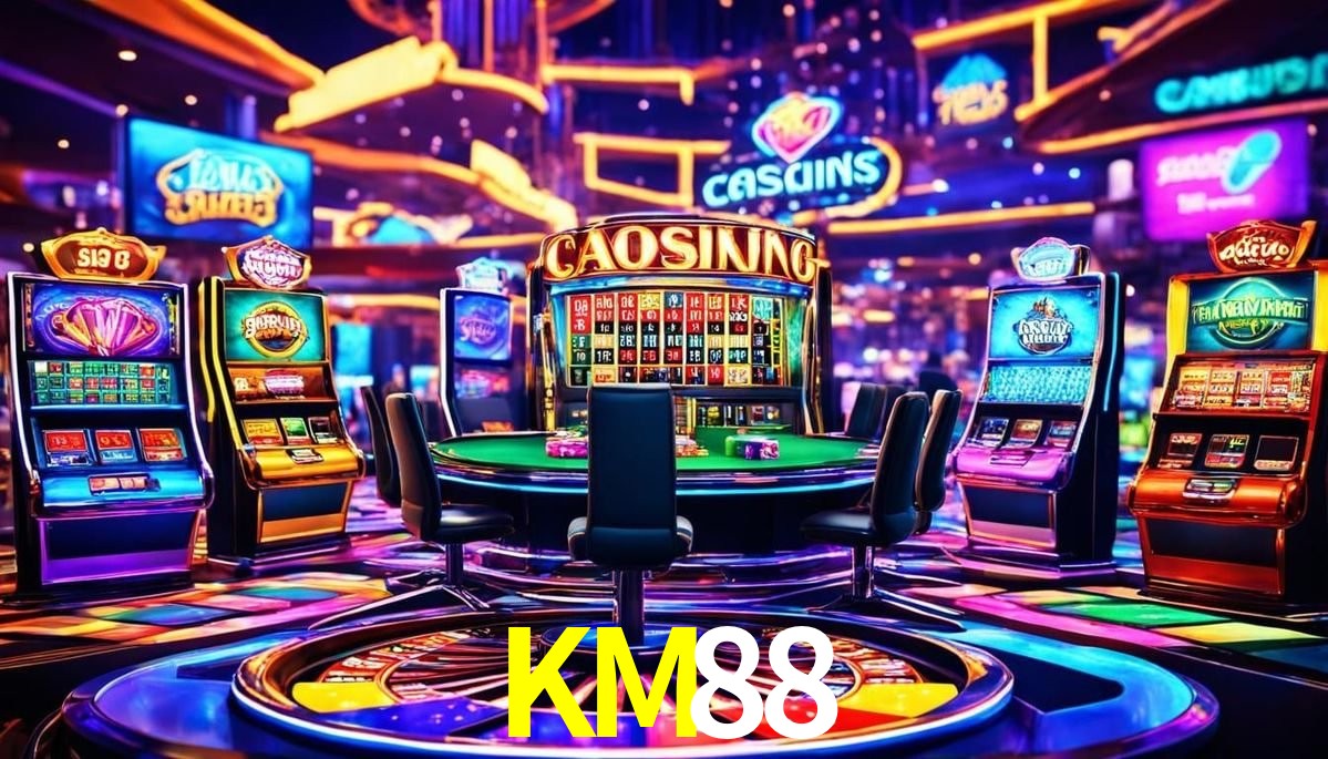 Escena dinámica inspirada en casino con iluminación KM88, cartas, fichas e íconos de juegos digitales en un espacio moderno de juegos.